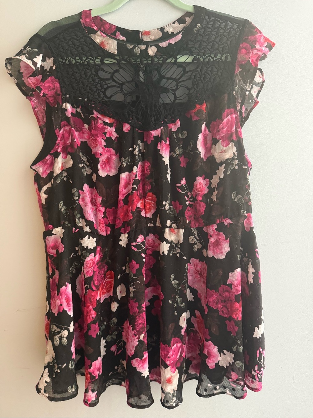 torrid Black Floral Lace-Yoke Blouse with Pink Roses